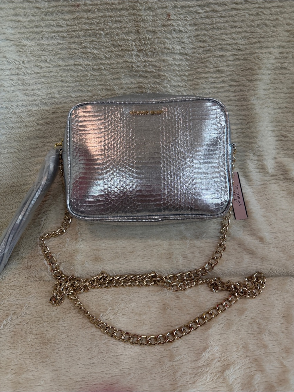 Victoria's Secret Silver Metallic Croc-Embossed Crossbody